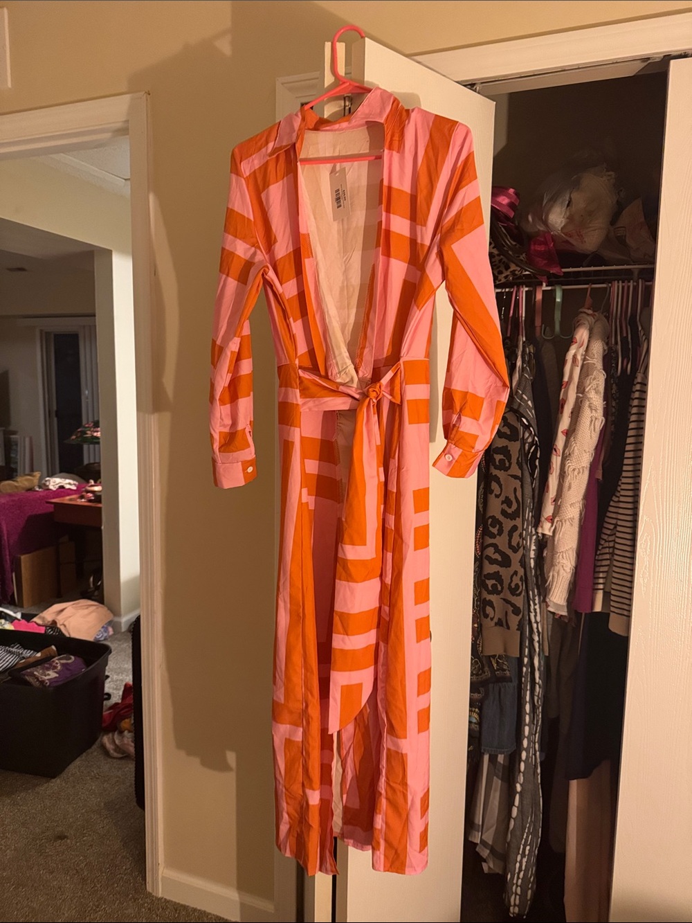 Geometric Pink & Orange Wrap Maxi Dress with Tie Waist
